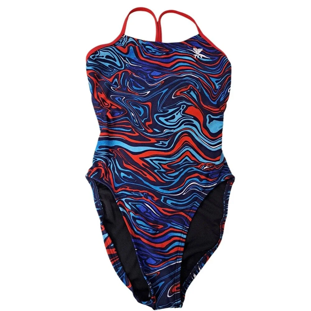 TYR Heatwave Cutoutfit One-pc Swimsuit Blue Red THW7A Size 26 | Girls Size 10/12